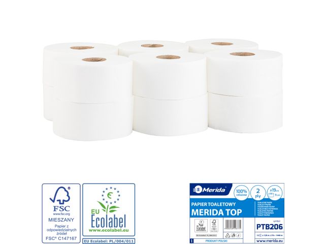 Papier toaletowy MERIDA TOP, biały, średnica 19 cm, długość 120 m, dwuwarstwowy, zgrzewka 12 szt., ECOLABEL